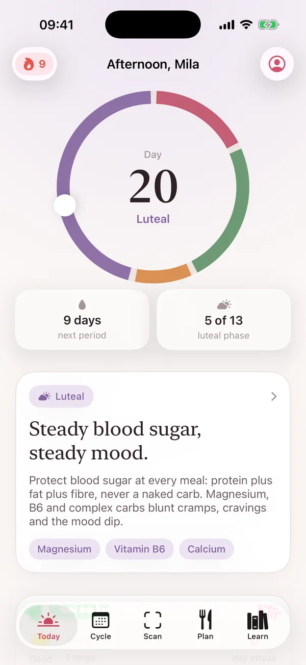 The Today screen: your phase, what your body needs and today's meals